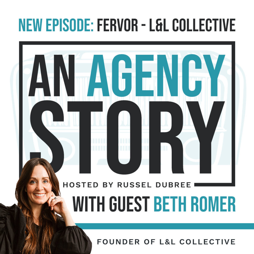 Graphic for An Agency Story podcast - picture of Beth Romer in black shirt, long brown hair - New Episode - Fervor - L&L Collective - Hosted by Russel Dubree with guest Beth Romer - Founder L*L Collective