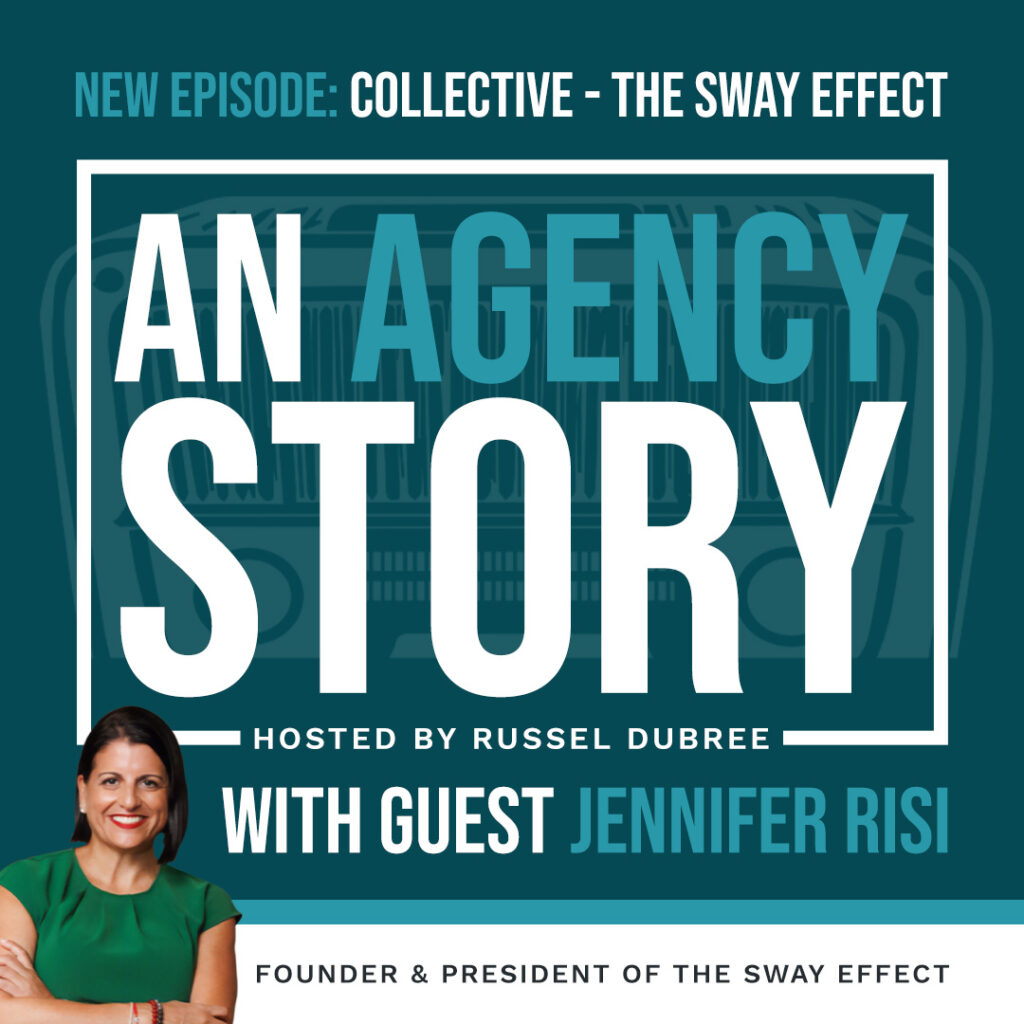 Episode graphic for "An Agency Story" podcast with Jennifer Risi - title Collective - Hosted by Russel Dubree - picture of Jennifer smiling in the lower right corner with black hair and green blouse.