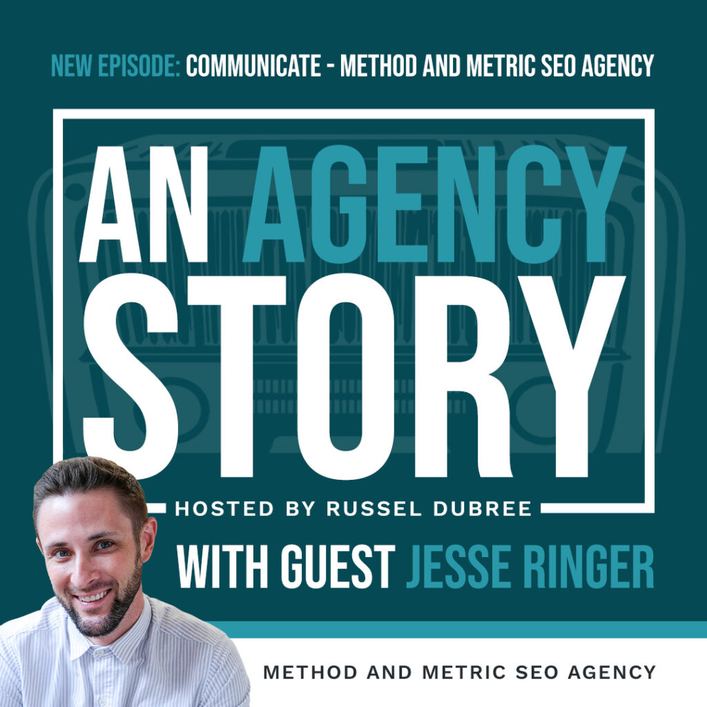 Episode graphic for "An Agency Story" podcast with Jesse Ringer - title Communicate - Hosted by Russel Dubree - picture of Jesse in the lower right corner smiling.