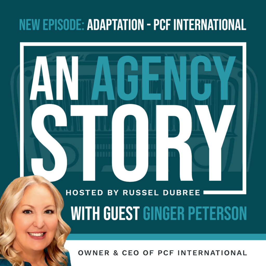 Episode graphic for "An Agency Story" podcast with Ginger Peterson - title Adaptation - Hosted by Russel Dubree - picture of Ginger smiling in the lower right corner with blonde hair.