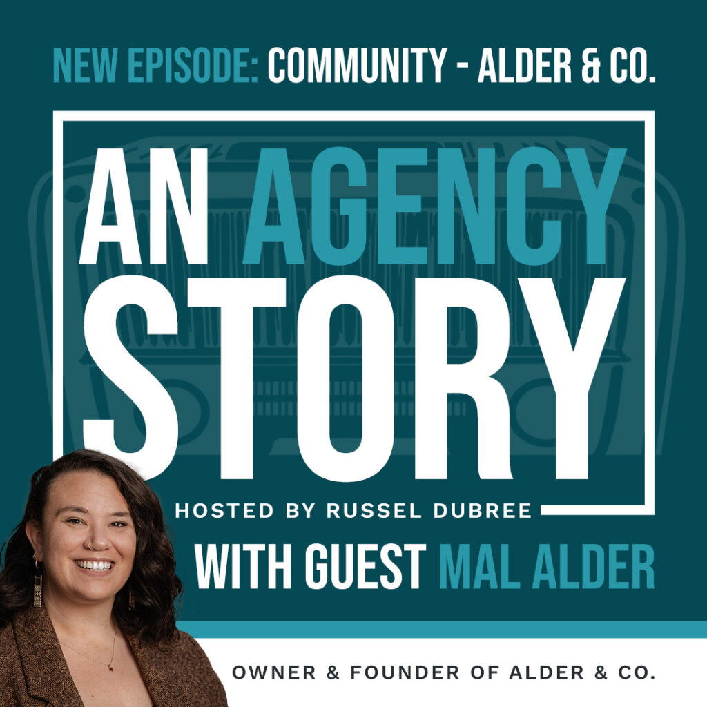 Episode graphic for "An Agency Story" podcast with Mal Alder- title Community - Hosted by Russel Dubree - picture of Mal smiling in the lower right corner.