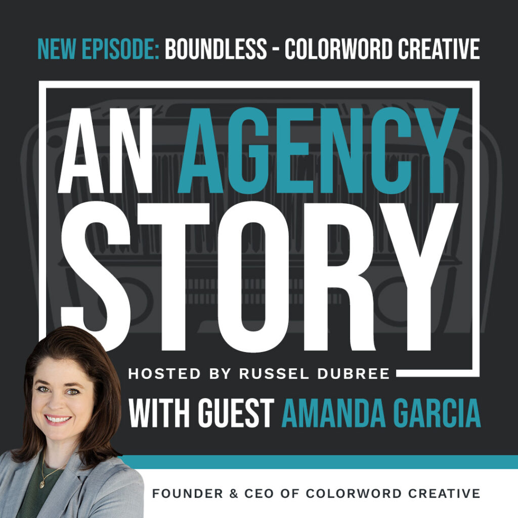 Episode graphic for "An Agency Story" podcast with Amanda Garcia - title Boundless - Hosted by Russel Dubree - picture of Amanda smiling in the lower right corner.