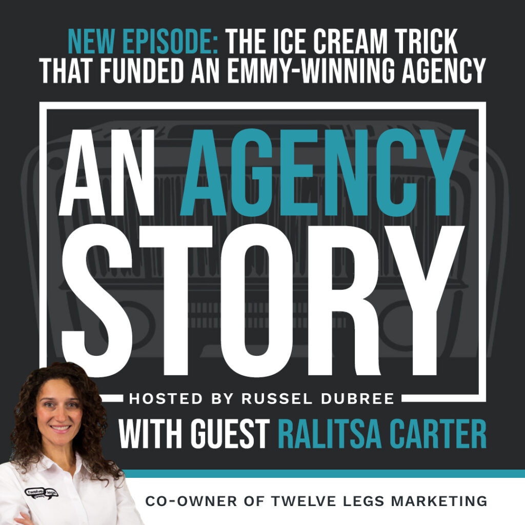 Promotional graphic for the podcast "An Agency Story," hosted by Russel Dubree. The episode is titled "The Ice Cream Trick That Funded an Emmy-Winning Agency" and features guest Ralitsa Carter, Co-Owner of Twelve Legs Marketing. The image includes the podcast logo with bold typography and a headshot of Ralitsa Carter wearing a white shirt with the Twelve Legs Marketing logo.